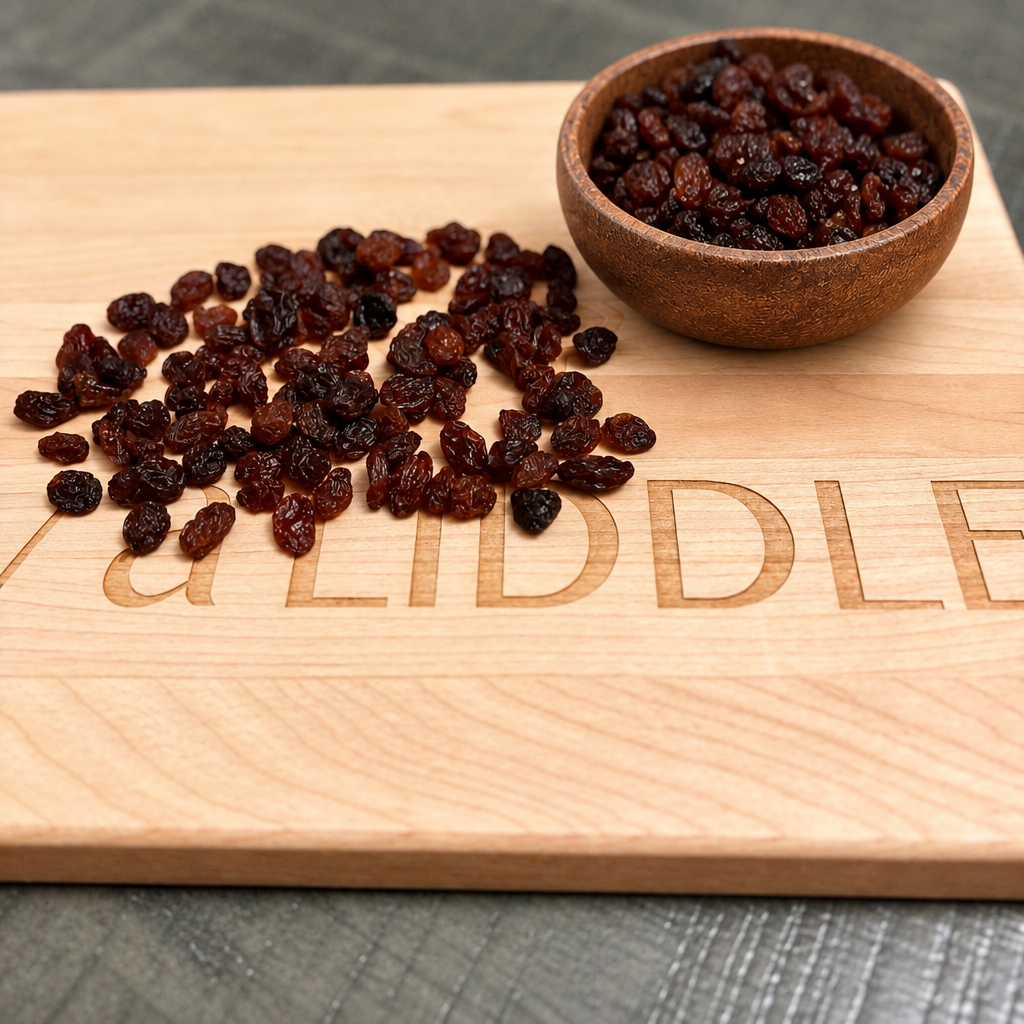 Black raisins on the engraved board with the brown bowl added in the upper right corner