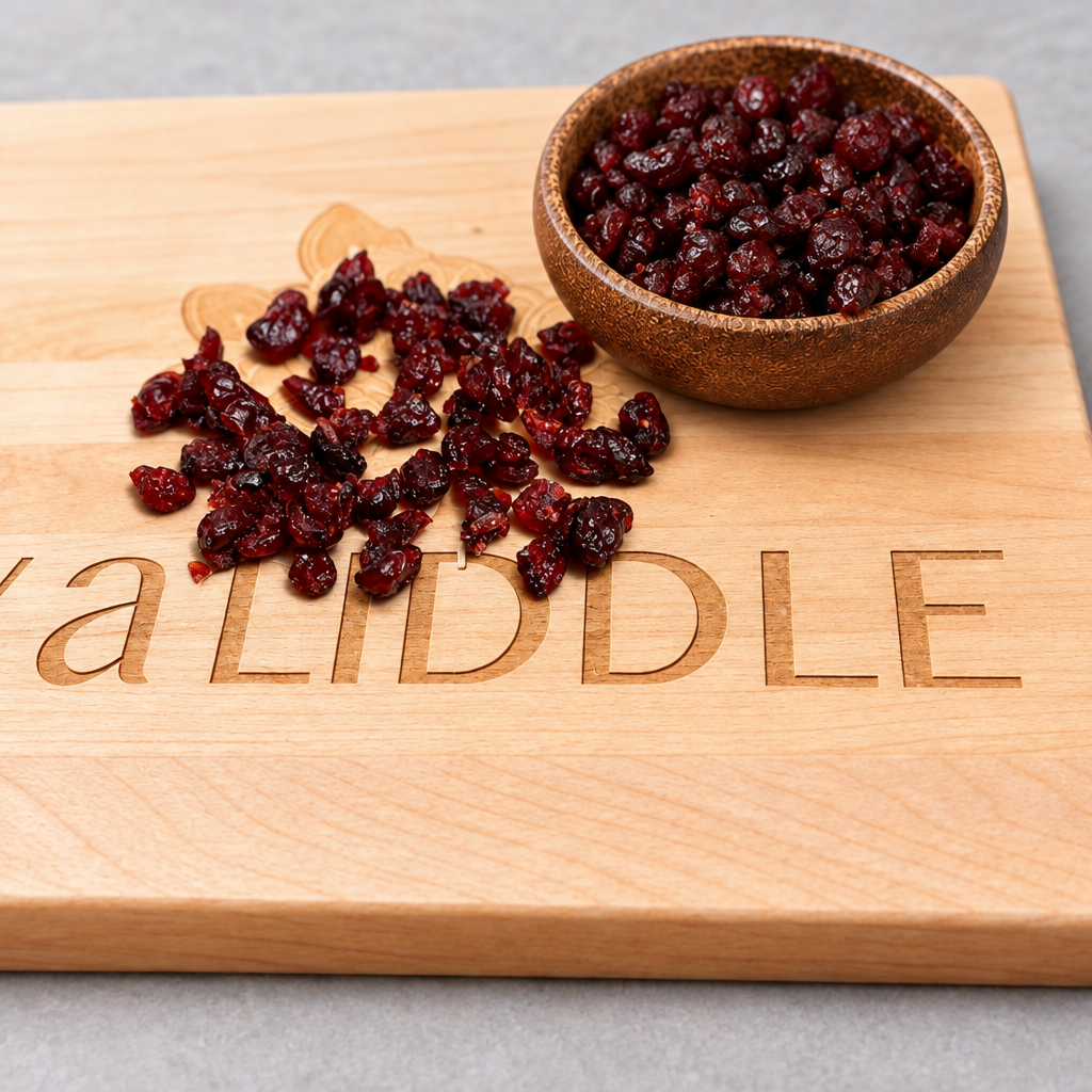Dried cranberries on the engraved board with the brown bowl added in the upper right corner