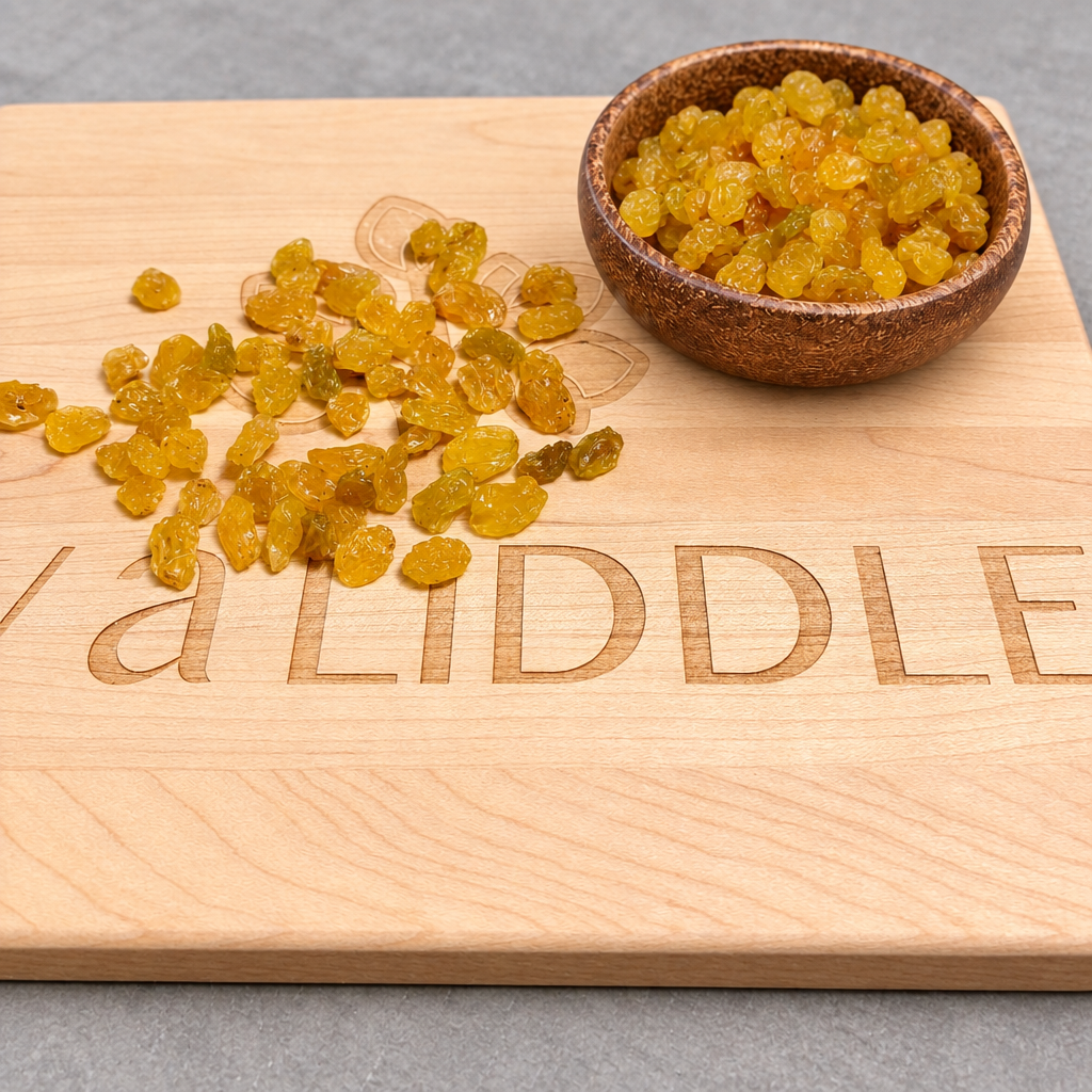 Golden raisins on the engraved board with the brown bowl added in the upper right corner