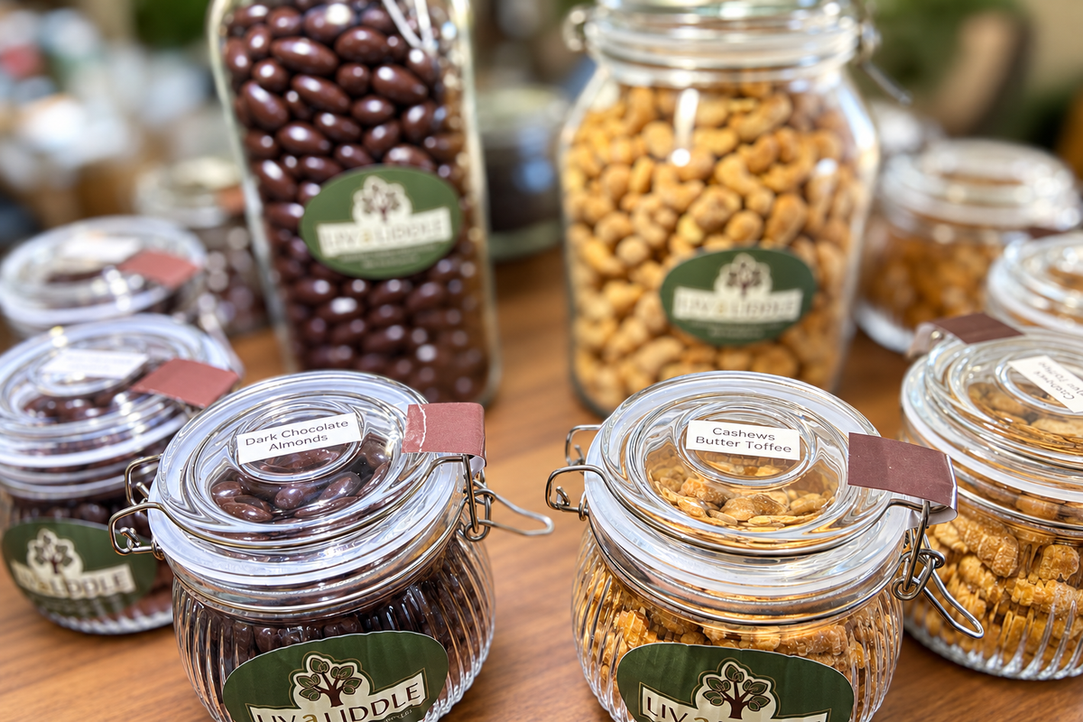 Mason jars with Dark Chocolate Almonds and Cashews Butter Toffee, lighting improved