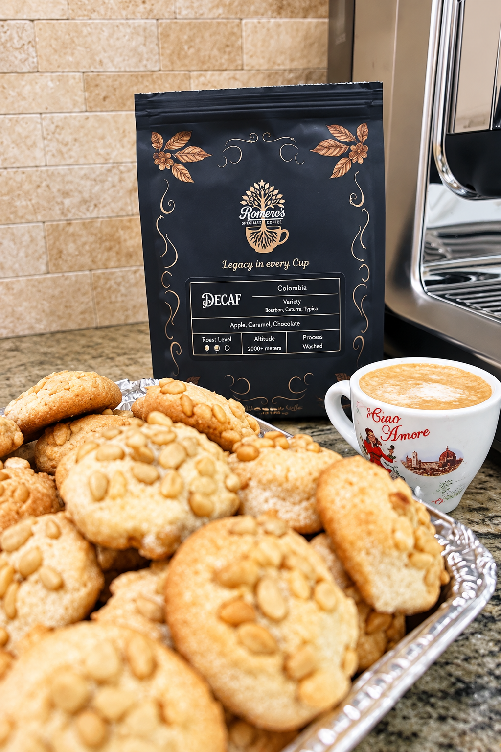 Romero's coffee and cookies with improved studio lighting