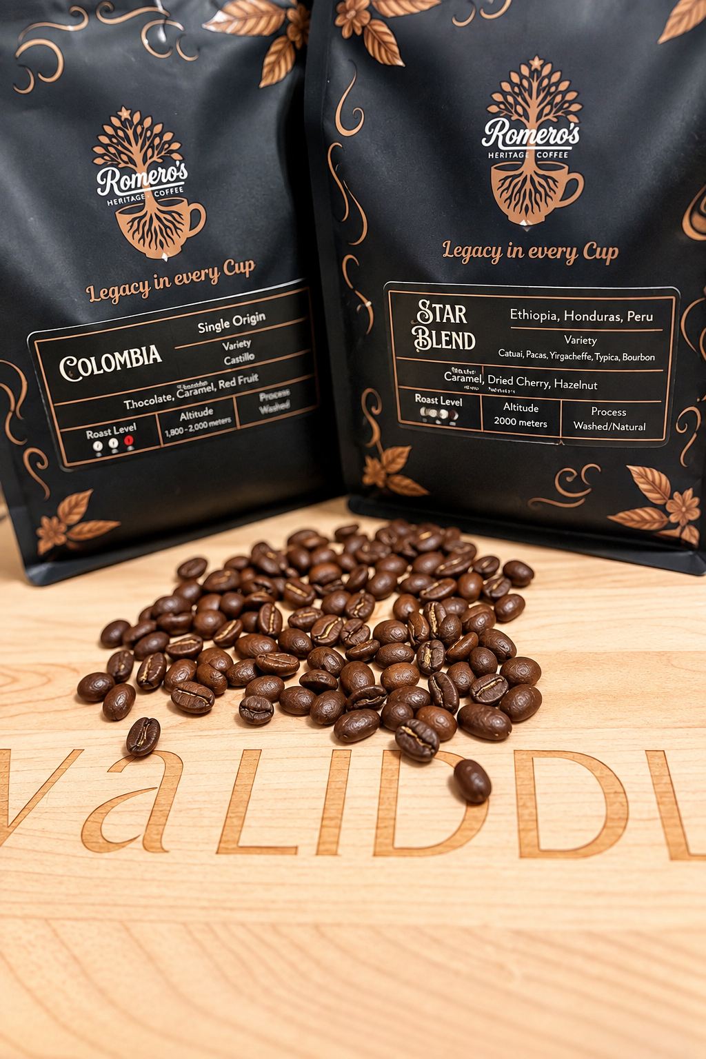 Romero's Heritage Whole Bean Coffee with improved studio lighting