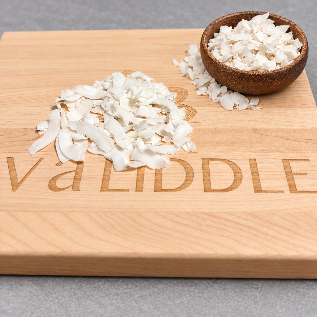 Unsweetened coconut flakes on the engraved board with the brown bowl added in the upper right, regenerated to keep the flakes looking natural